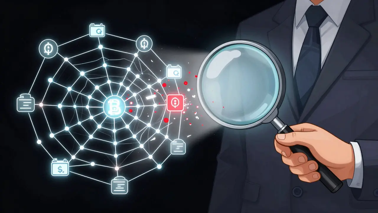 Magnifying glass exposing red nodes in a complex blockchain network
