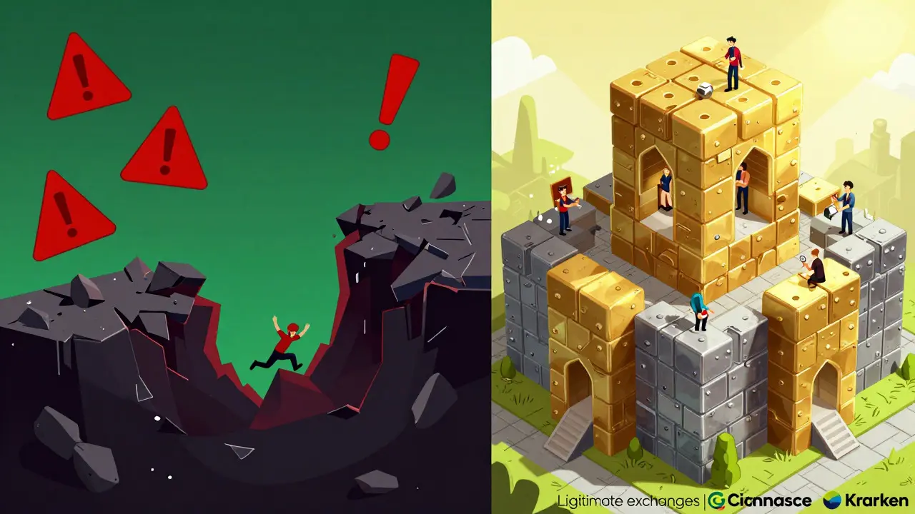 Split illustration comparing a crumbling scam site to a secure fortress