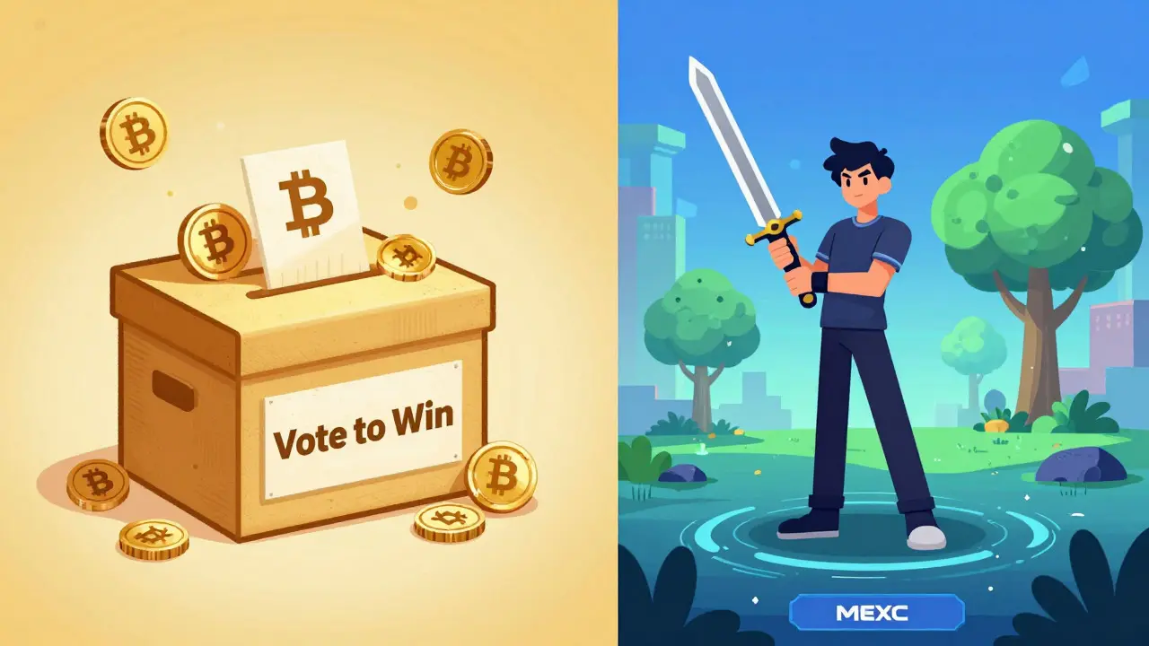 Split scene contrasting past token voting with modern play-to-earn gaming