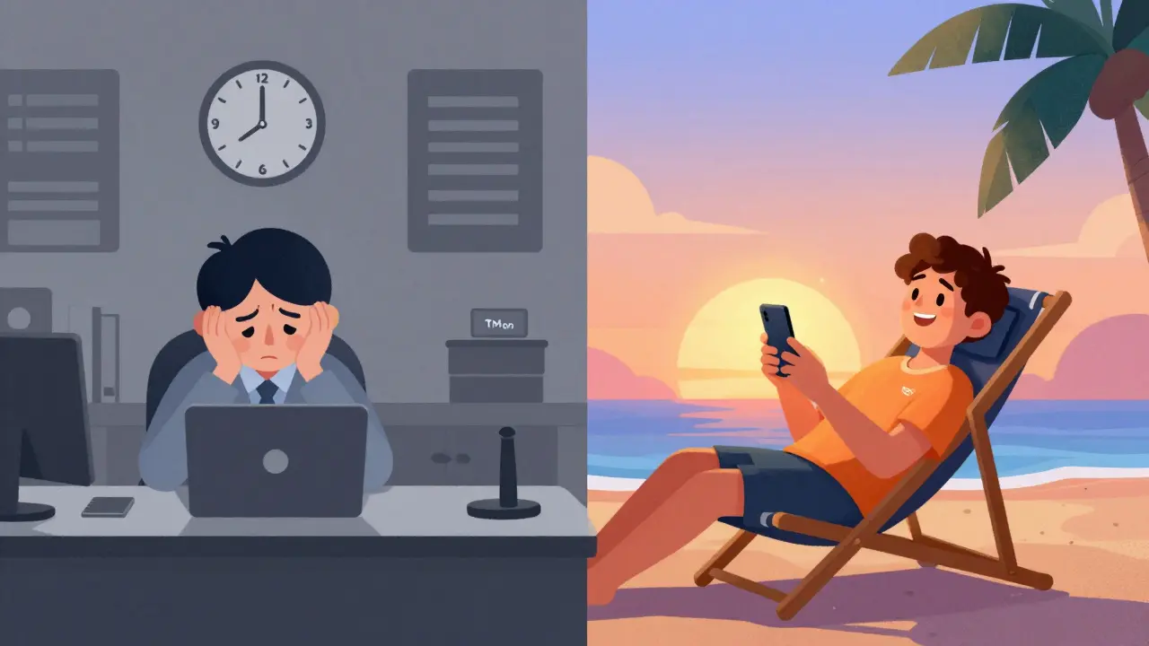 Split scene contrasting restricted market hours with 24/7 mobile crypto trading freedom