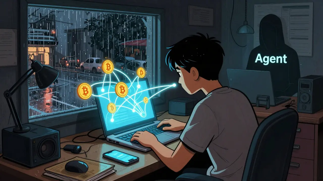 Student trading crypto secretly online in a dim room with agent connections