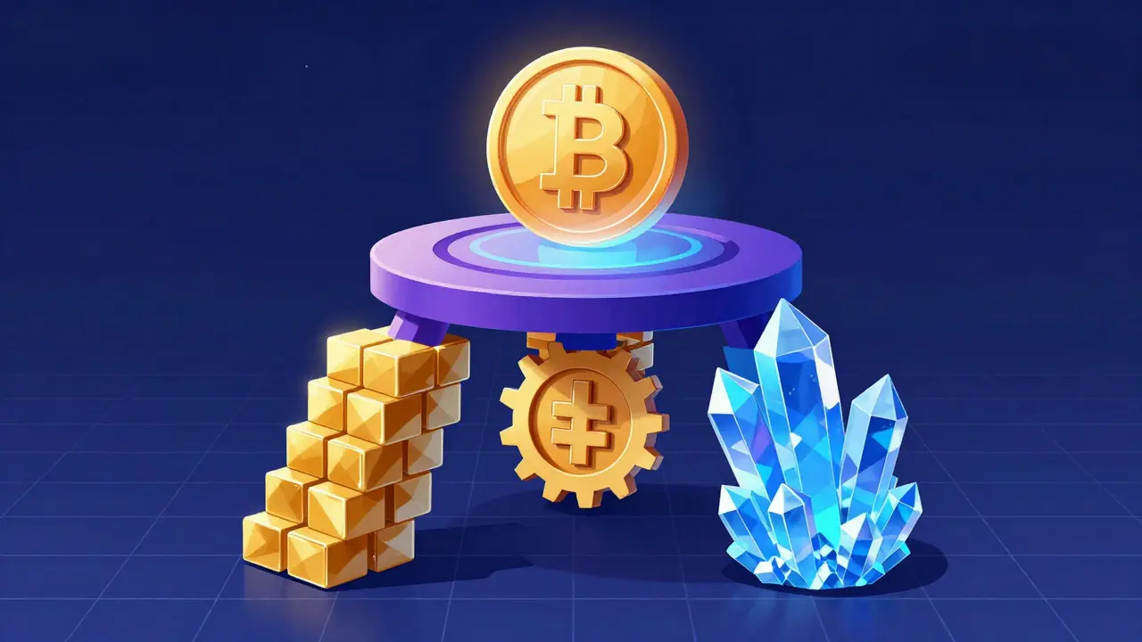 Three-legged stool made of gold, gears, and crystals supporting a CORE token