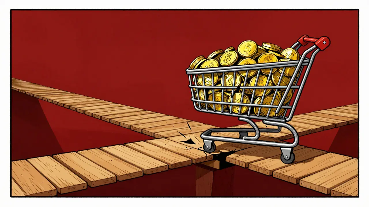 Tiny bridge cracking under weight of trade, illustrating low liquidity
