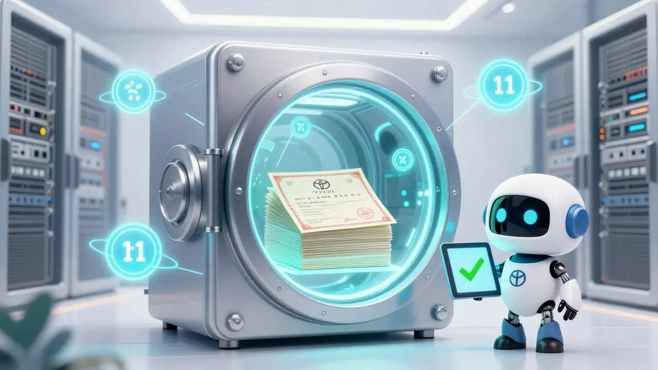 Transparent vault holding Toyota stocks backed by orbiting holographic TMon tokens