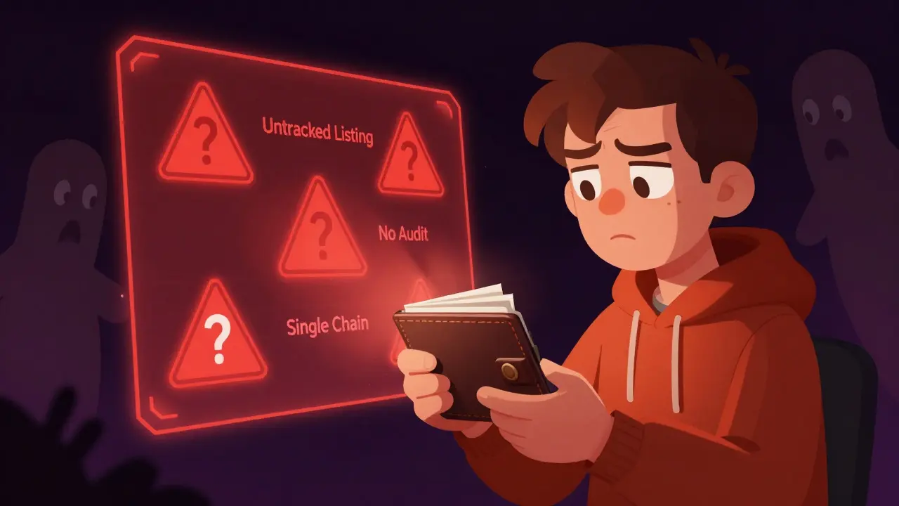 User checking risky untracked crypto platform with warning signs and shadows