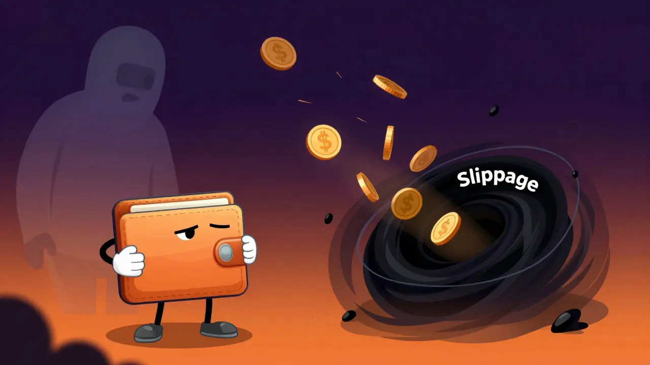 Wallet facing slippage vortex with fading developer ghost