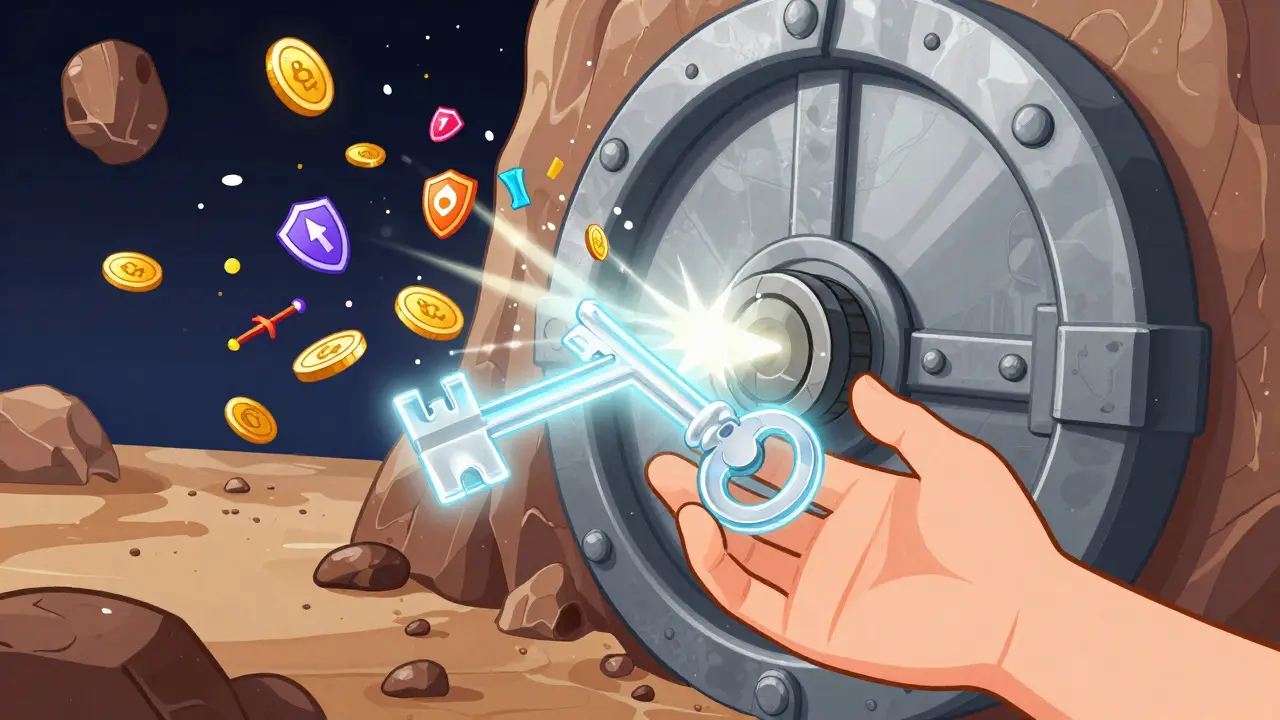 A hand using a light key to unlock a vault on an asteroid, releasing game items
