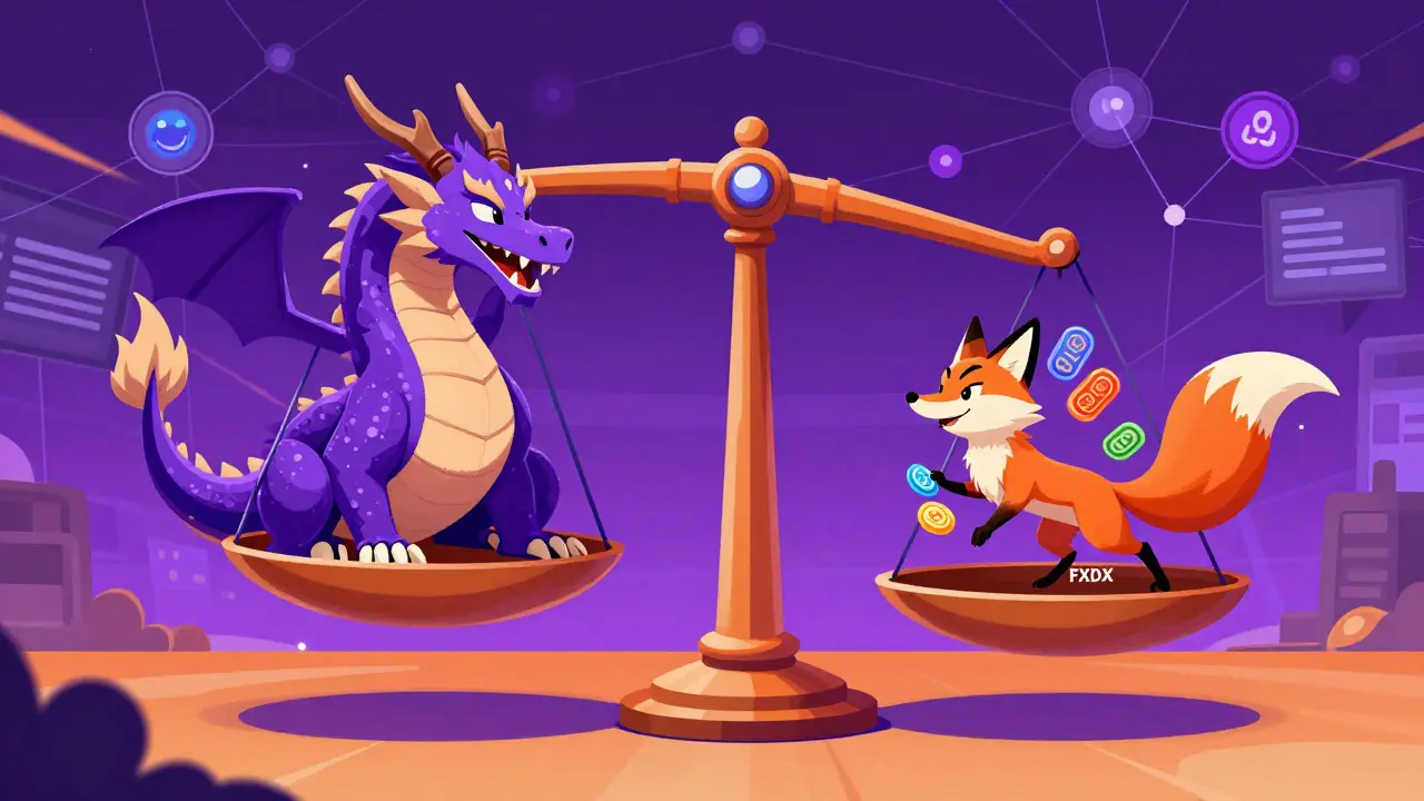 Agile fox representing FXDX competing against a large dragon representing dYdX.