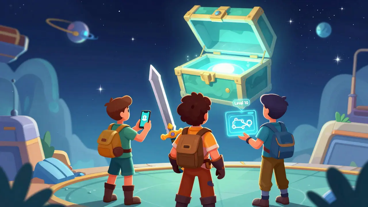 Cartoon adventurers on a platform looking at a glowing chest-shaped portal in space