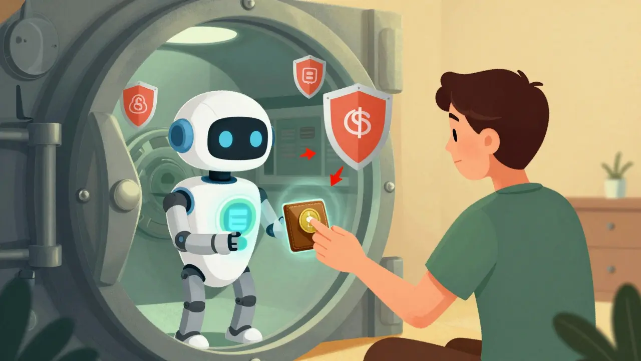 Cartoon illustration of a user safely claiming tokens with a shielded burner wallet