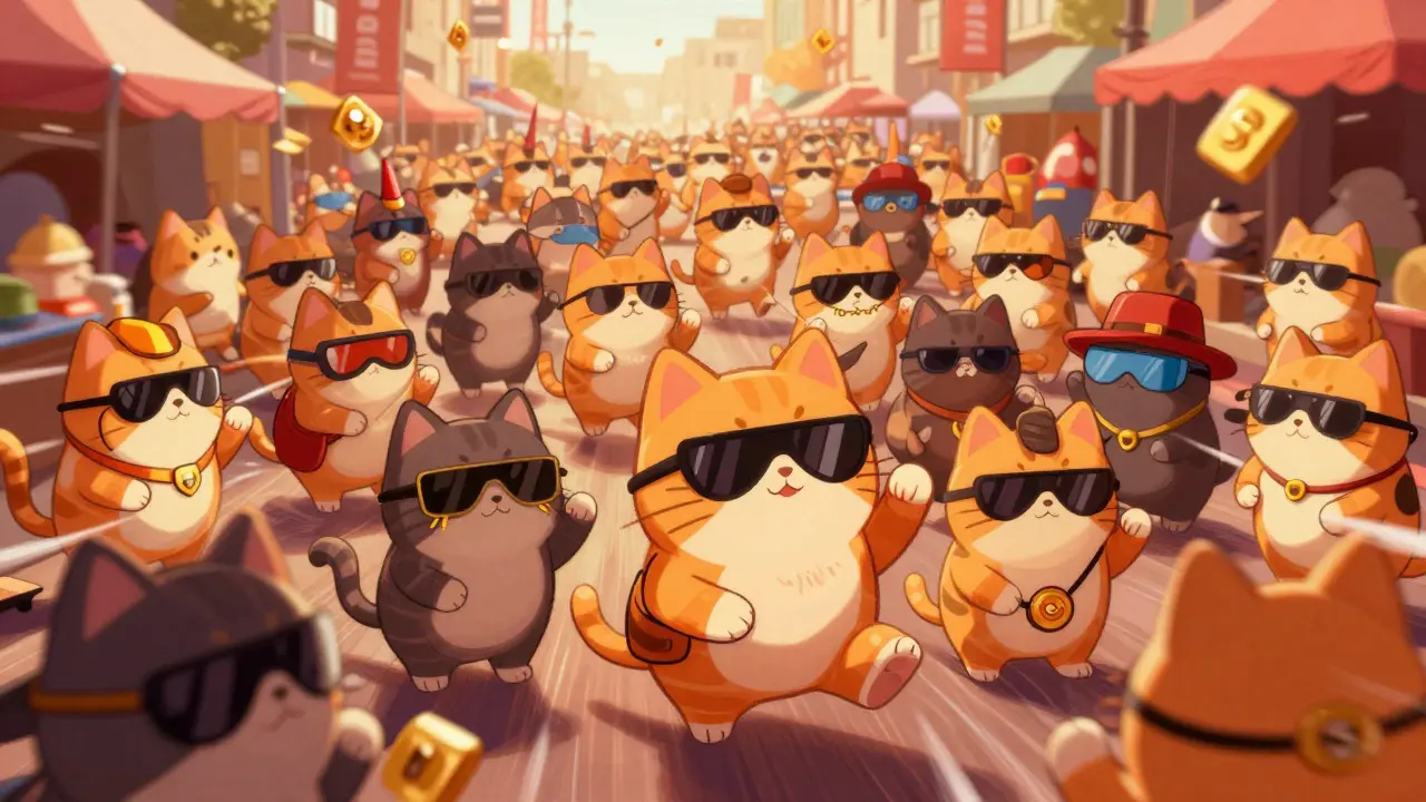Chaotic crowd of similar cartoon cats representing confusing Solana NEKO token variants.