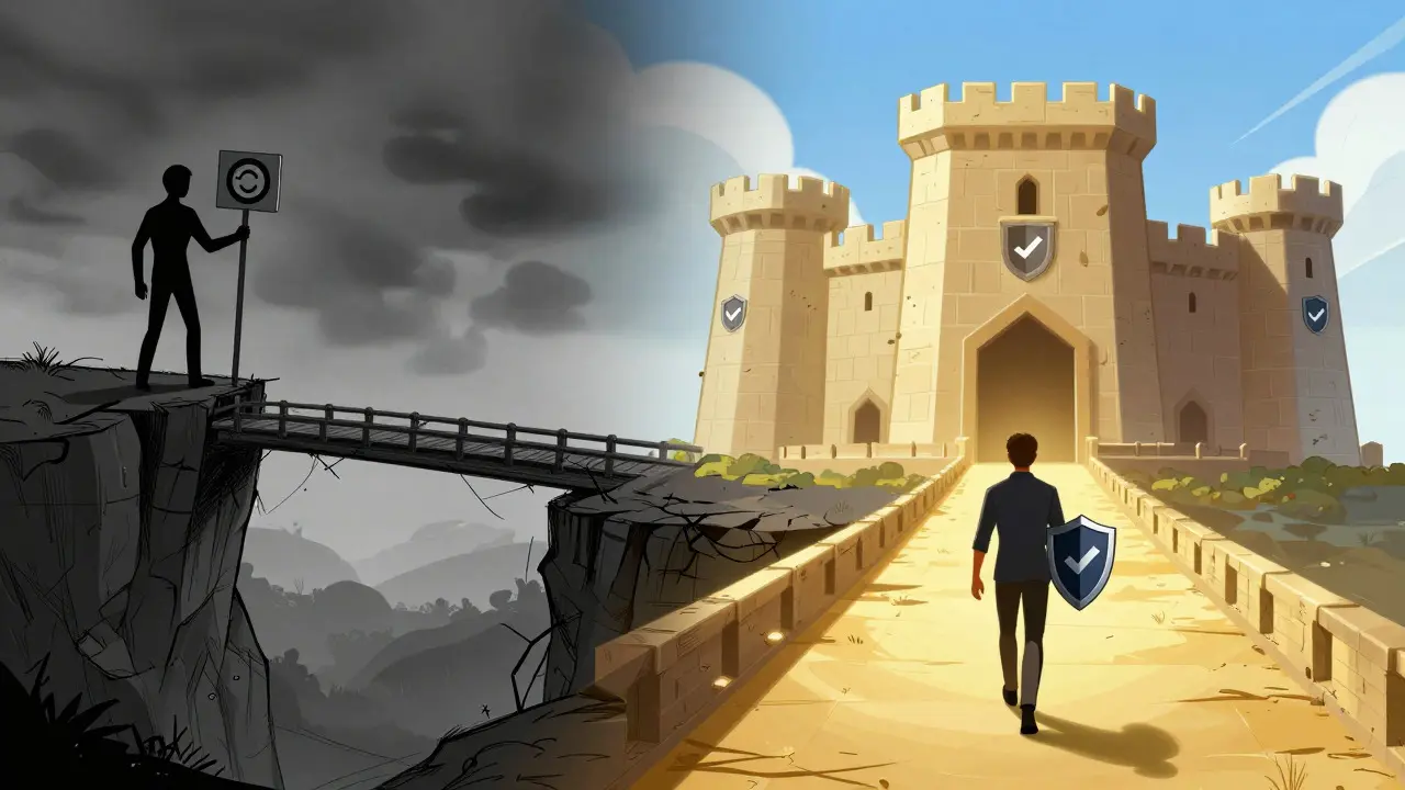 Concept art contrasting a crumbling bridge to a scam with a secure, illuminated path to a regulated exchange fortress.