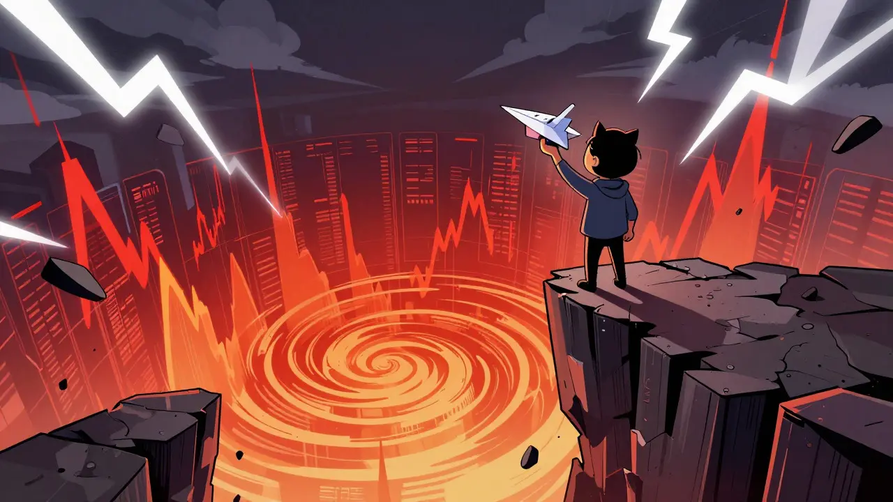 Concept art of a character standing on a digital cliff edge overlooking a volatile market