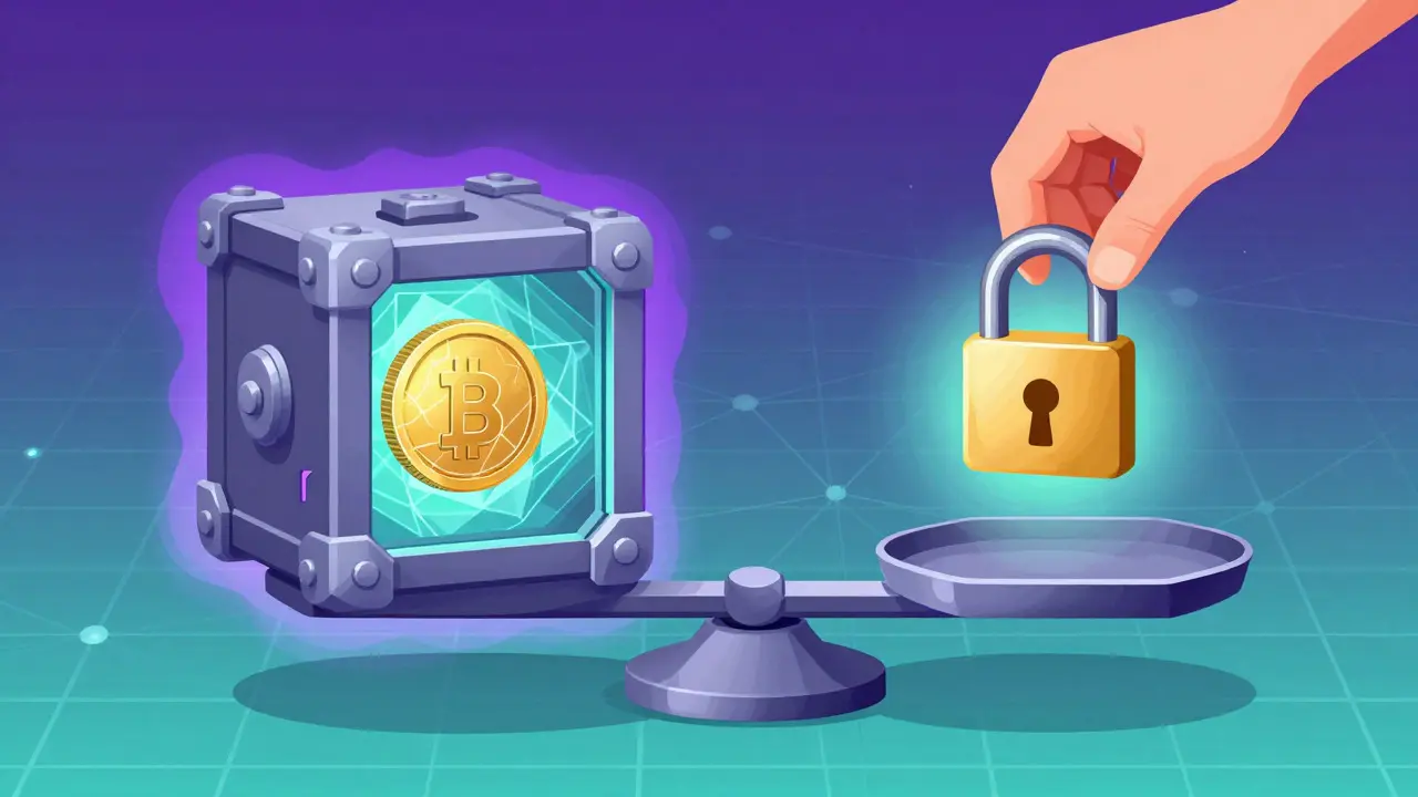 Concept art of a cryptographic box hiding a coin while balancing on a scale