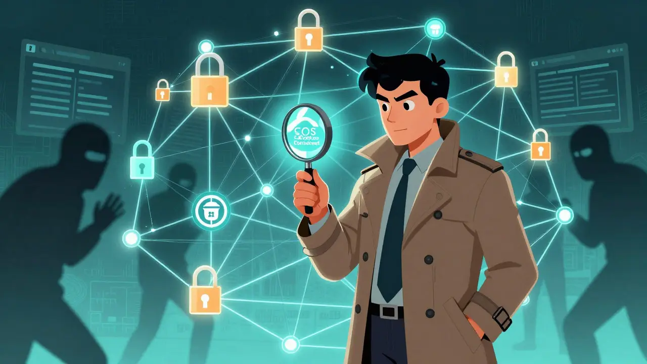 Concept art of a detective investigating blockchain nodes to verify a crypto project