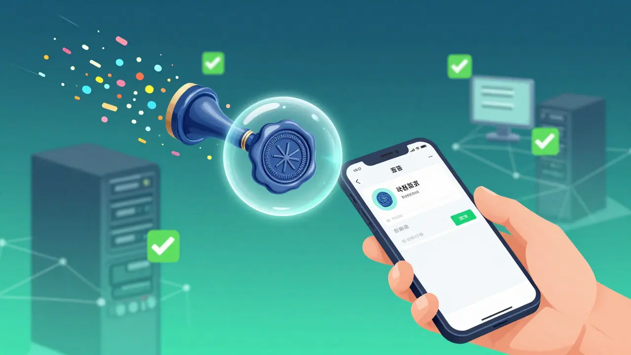 Concept art of a digital signature forming from a smartphone transaction