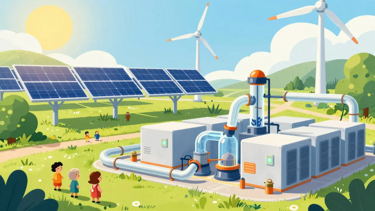 Concept art of a green mining farm powered by solar and wind energy in a sunny landscape