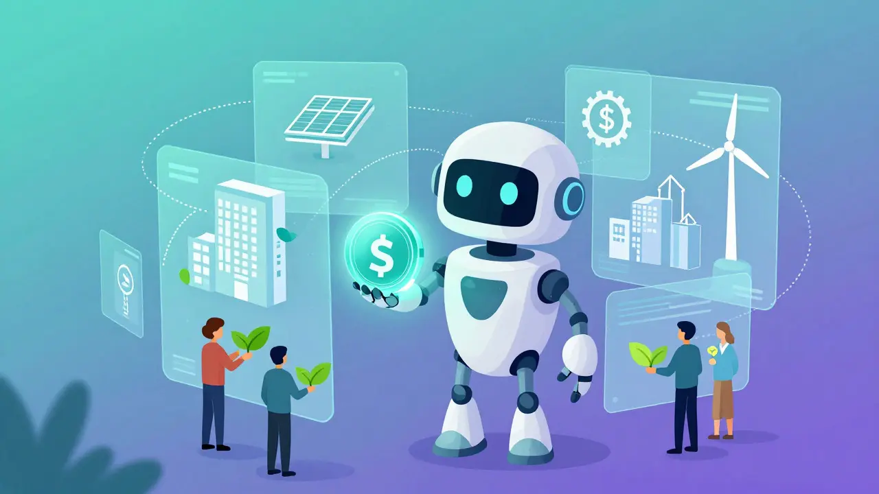Concept art of a robot trading tokens for green energy icons