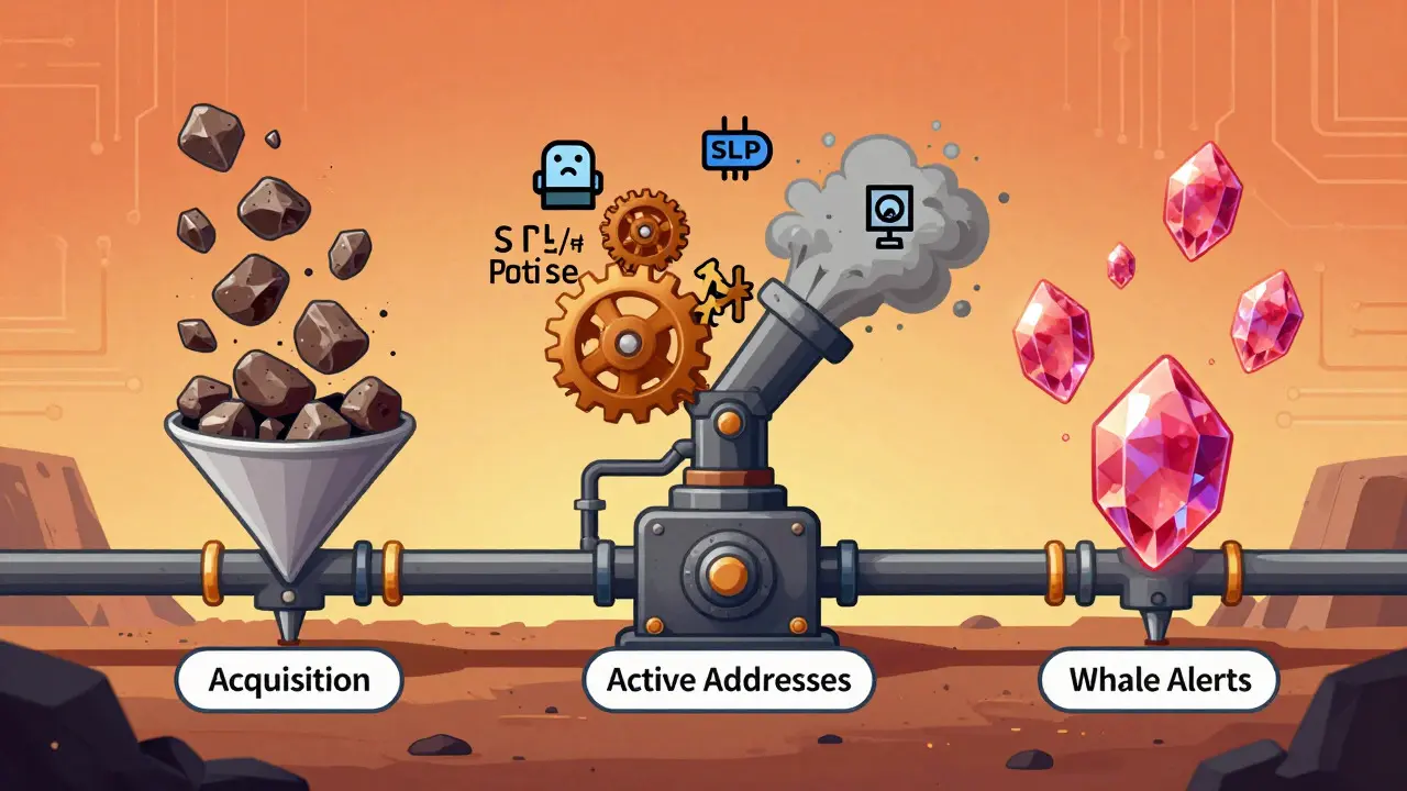 Concept art of data mining pipeline filtering blockchain noise