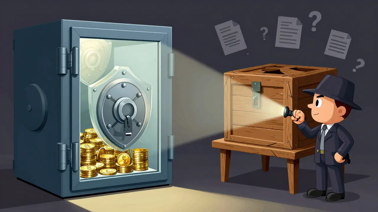 Concept art showing a transparent secure vault next to an opaque, unlocked box being inspected by a detective