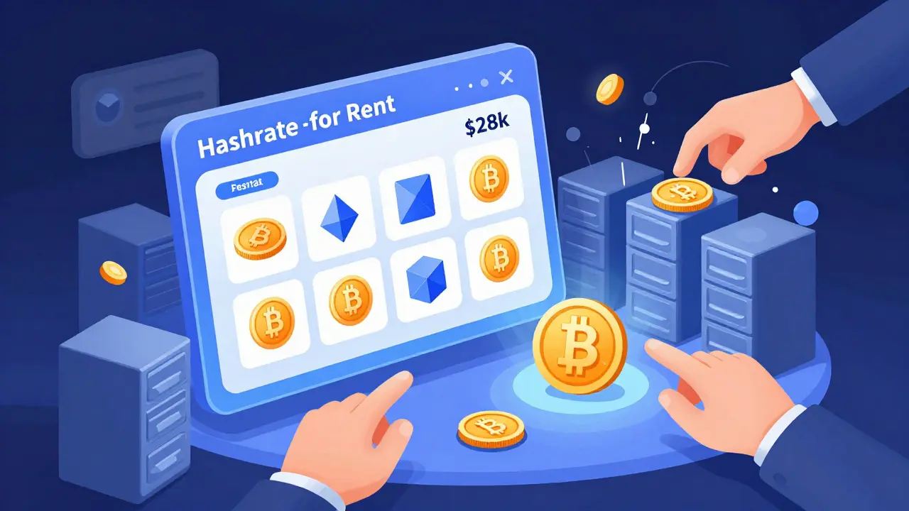 Concept art showing hashrate rental market enabling crypto attacks