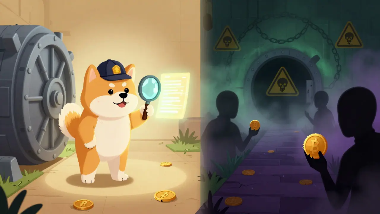 Concept art showing safe vs scam paths with an Akita detective