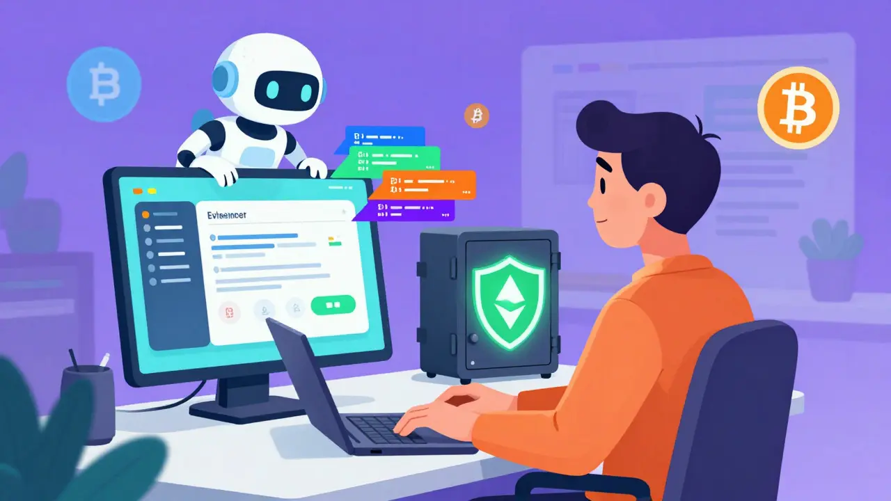 Developer using AI agent to integrate crypto payments with hardware wallet security