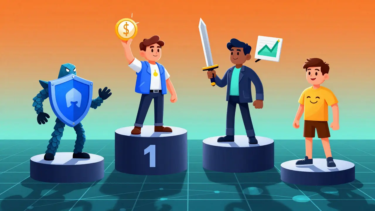Four stylized characters representing crypto exchanges competing in a concept art scene