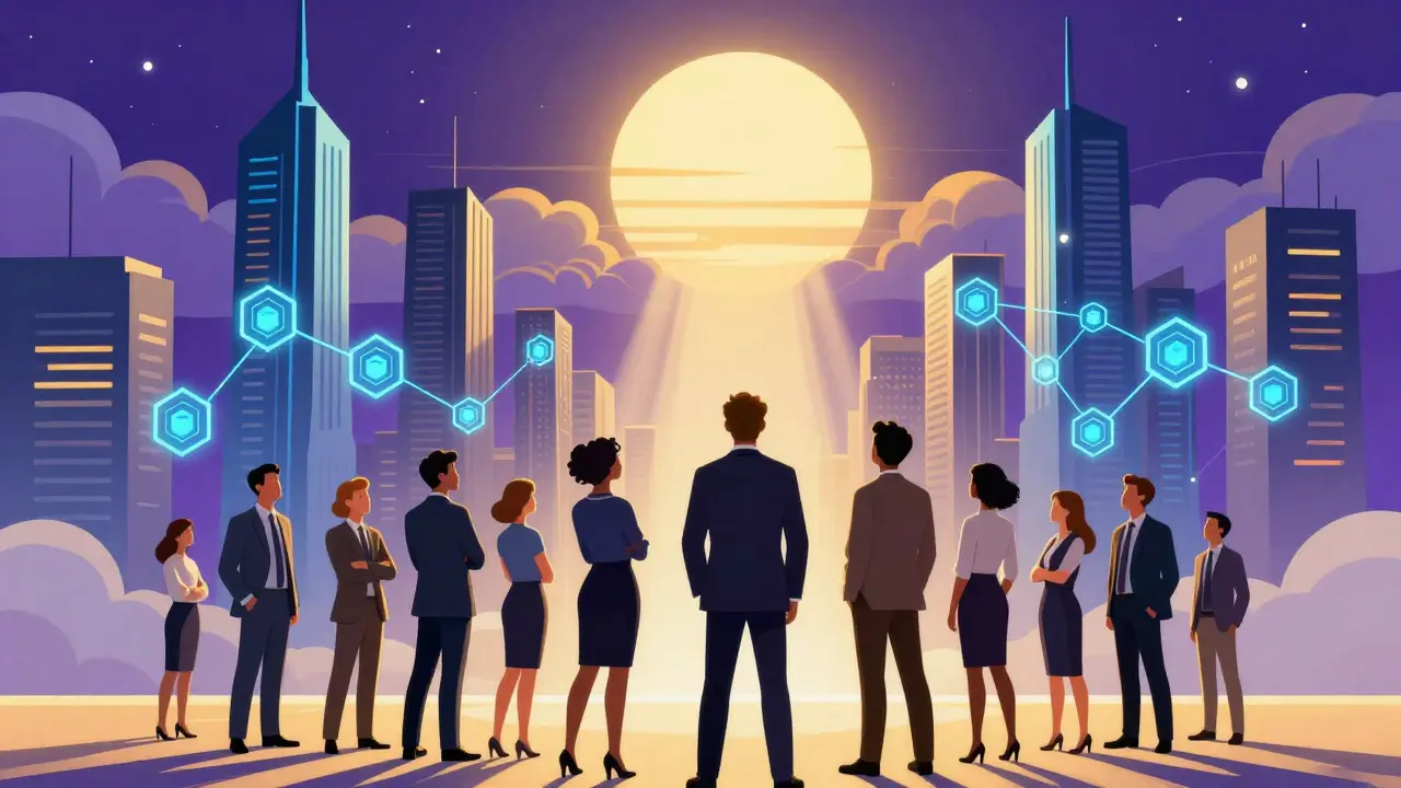 Futuristic city with blockchain towers and professionals looking toward a rising sun
