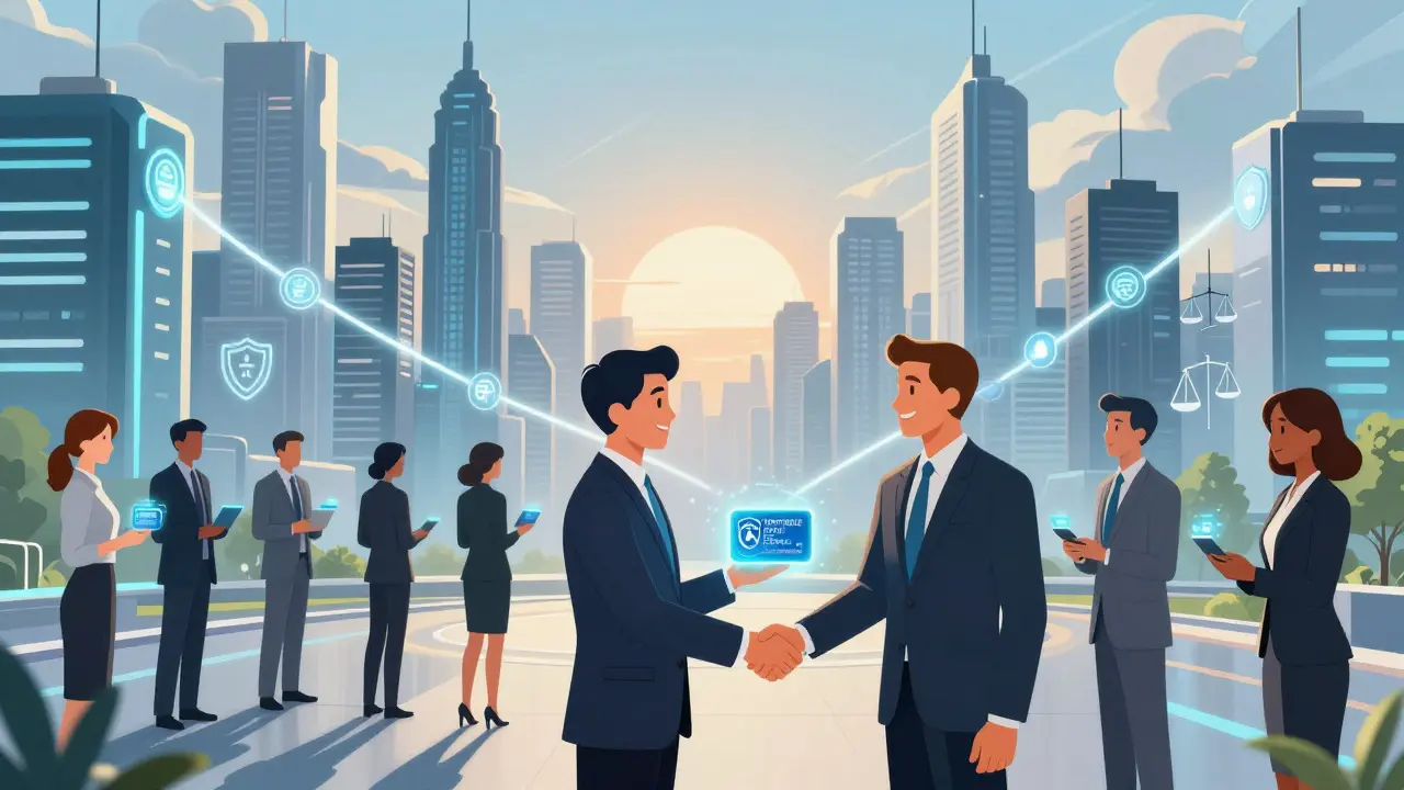 Futuristic cityscape with professionals exchanging glowing credential cards under a sunrise