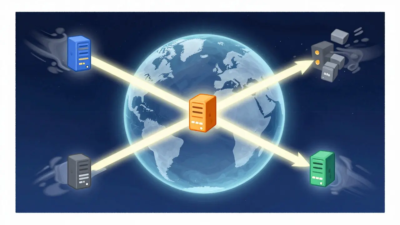 Global map with data pulses traveling between nodes showing network latency