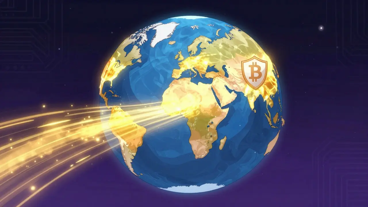 Globe showing energy flow shifting from Asia to North America