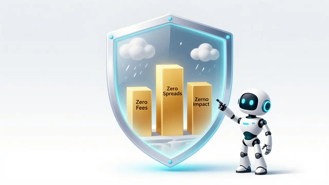 Glowing shield protecting crypto assets with zero fee pillars against market storms.