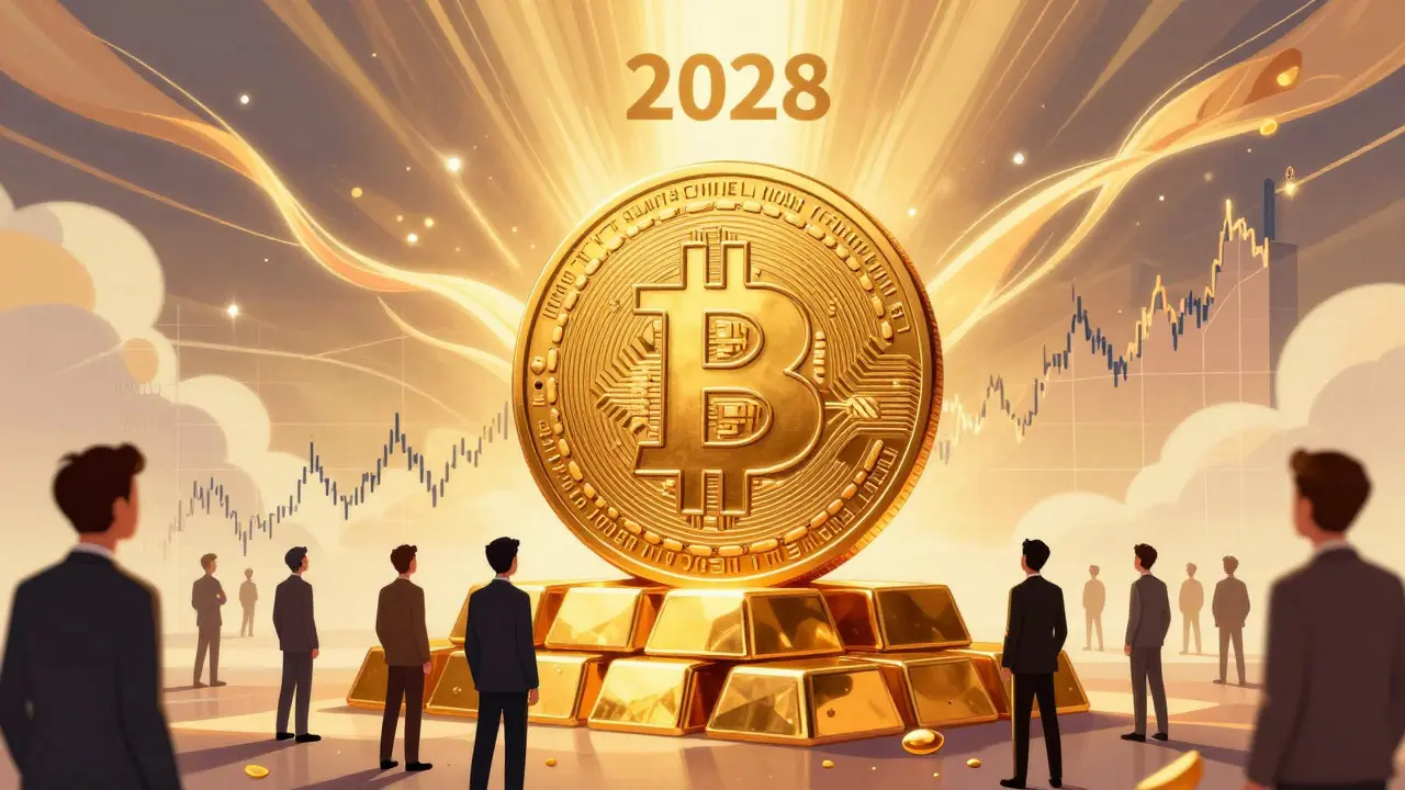 Golden Bitcoin bar surrounded by institutional investors symbolizing the 2028 halving.