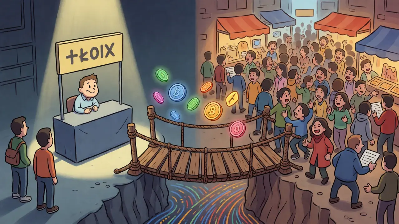 Illustration comparing an empty, quiet DeFi pool with a crowded, busy traditional exchange market.