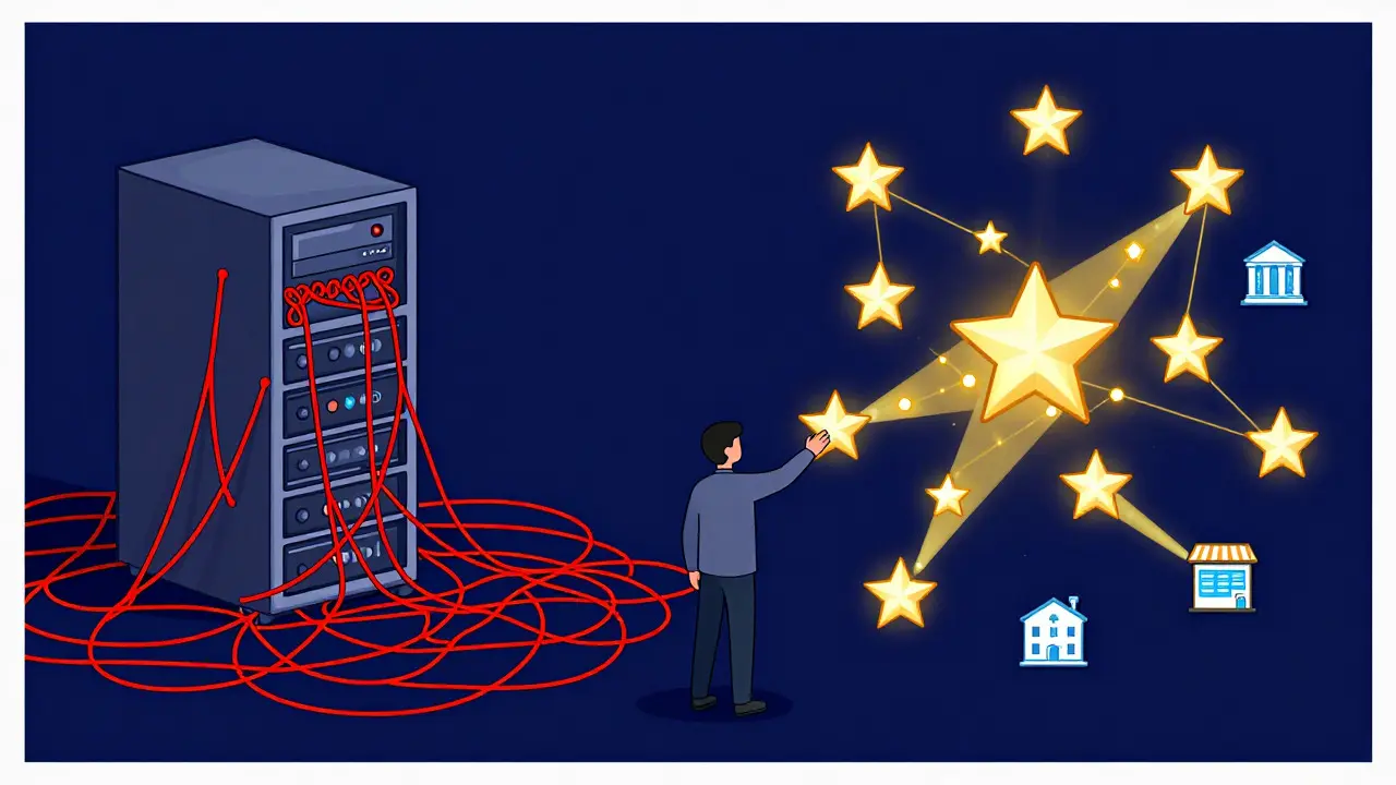 Illustration comparing centralized username webs with decentralized identifier constellations