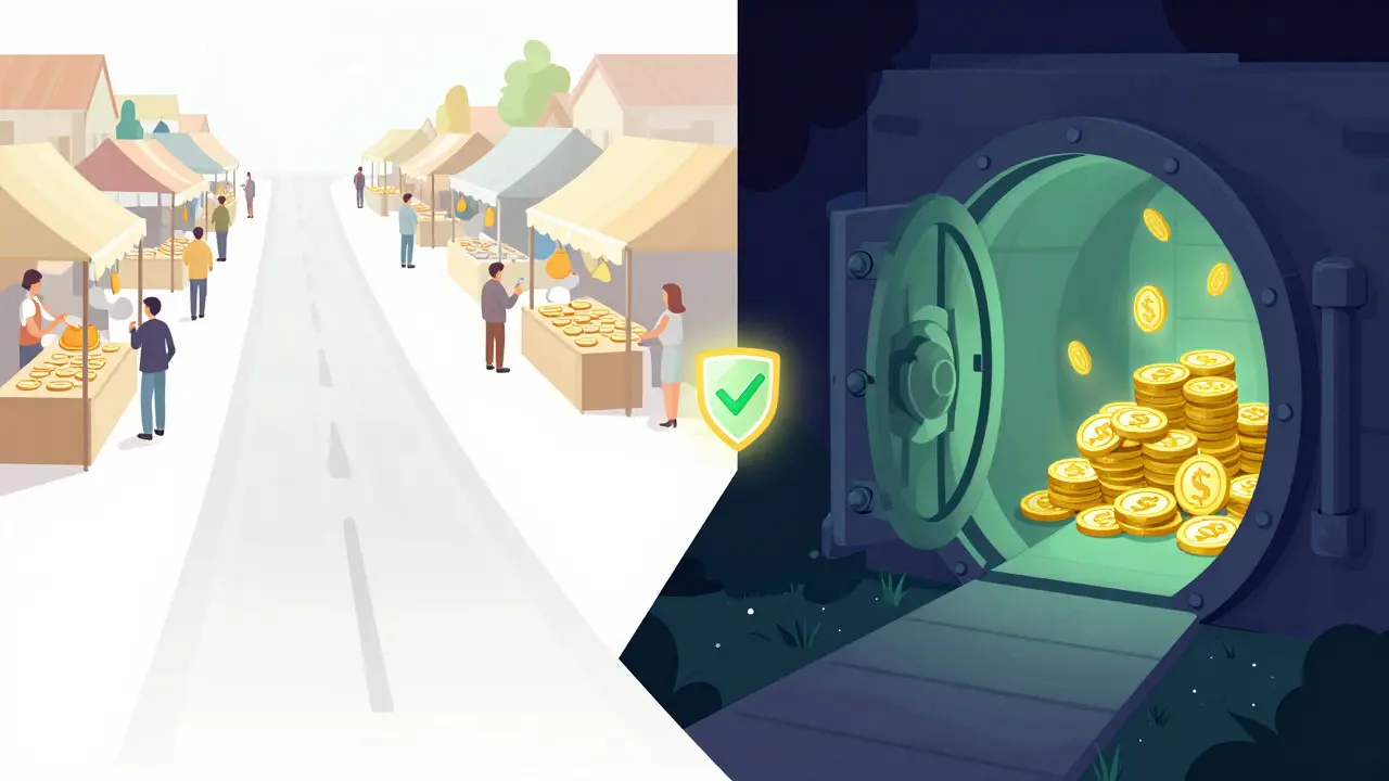 Illustration comparing public and private blockchain paths with a compact proof symbol