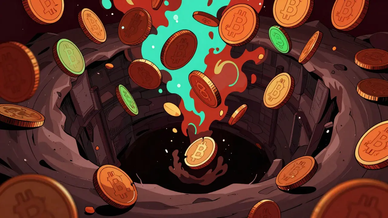 Illustration of a coin falling into a dark abyss representing price crash
