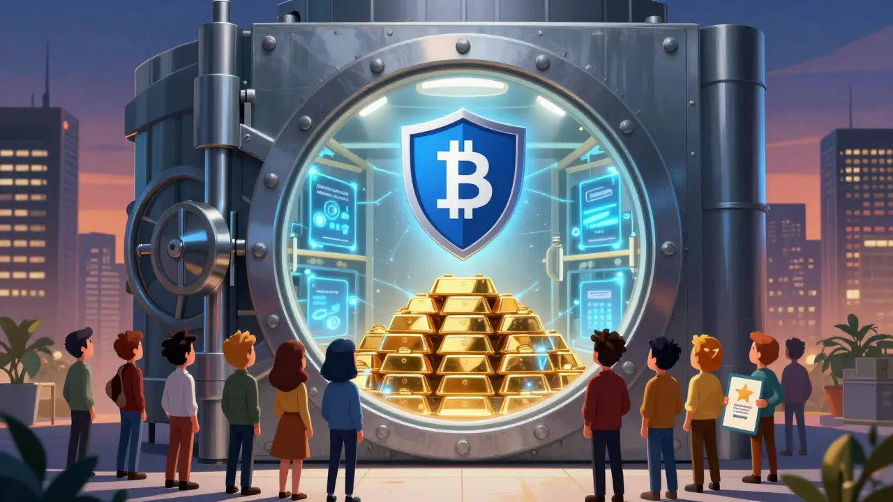 Illustration of a secure digital vault protecting gold coins with a shield, viewed by confident investors