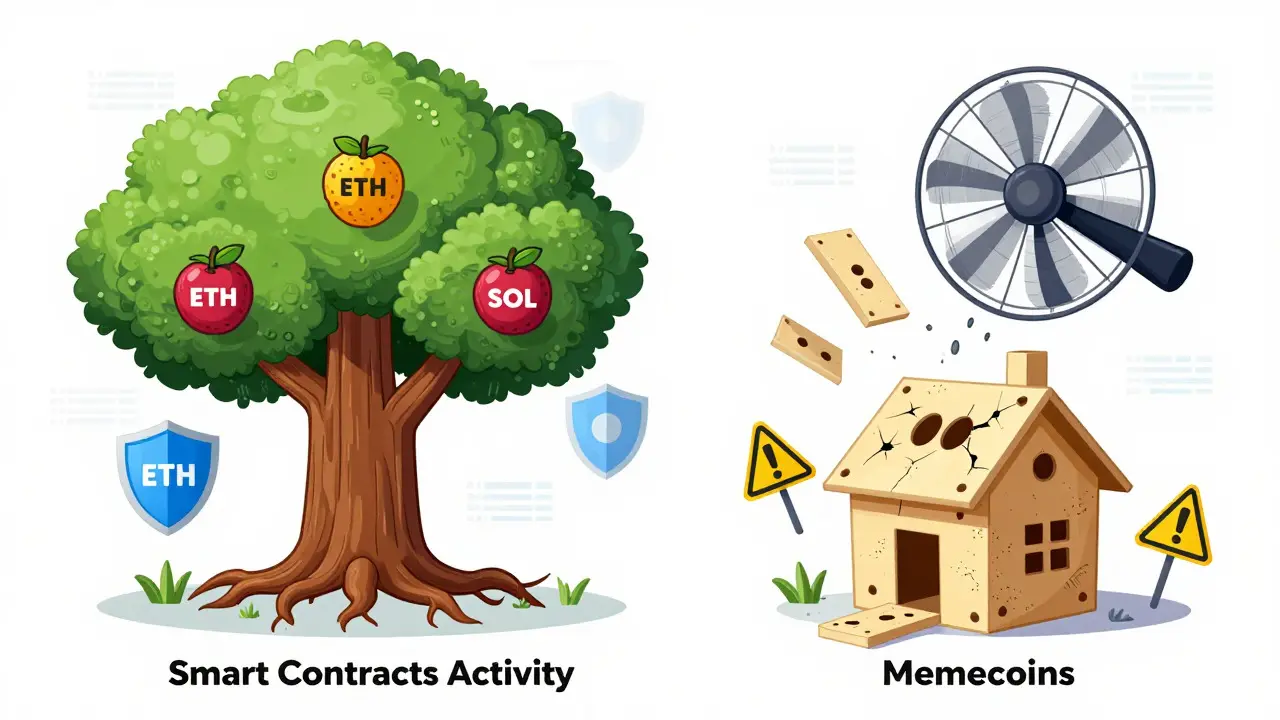 Illustration of a sturdy tech tree versus a fragile house of cards representing crypto risks.
