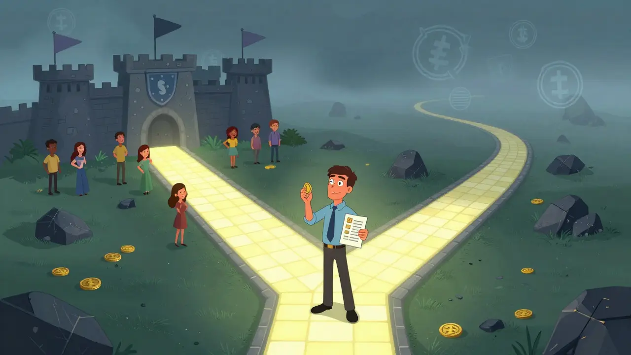 Illustration of a trader at a crossroads choosing between a regulated fortress path and a foggy, risky trail