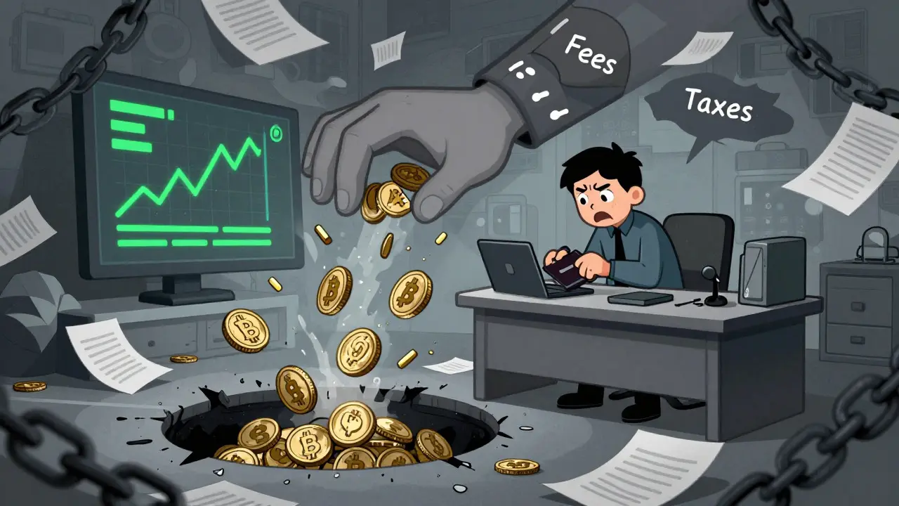 Illustration of a user losing coins to a bottomless pit while a giant hand demands fees, depicting scam tactics.