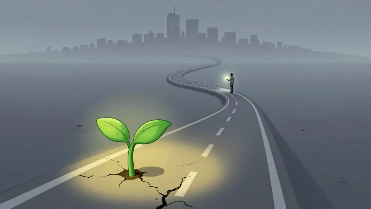 Illustration of a winding road from vibrant start to quiet horizon