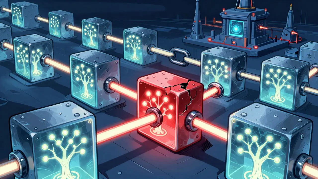 Illustration of blockchain blocks connected by light beams with internal tree structures