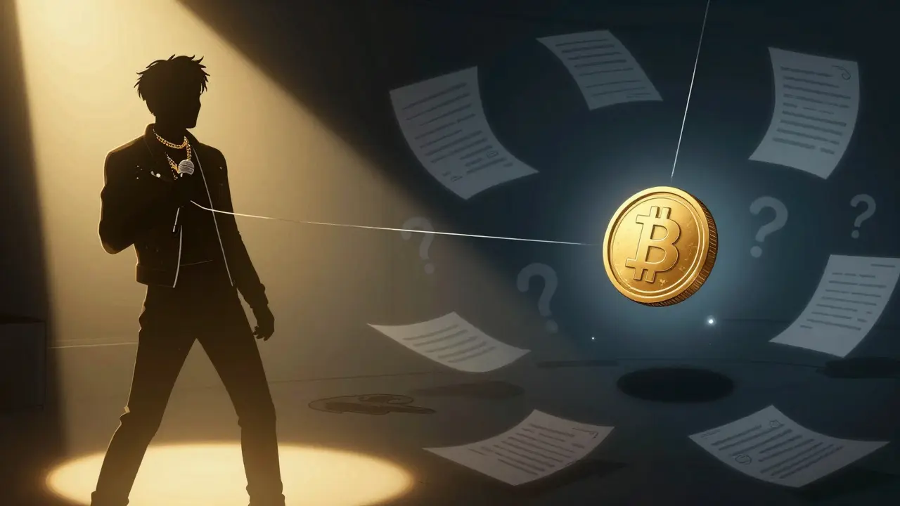Illustration showing a pop star silhouette separated from a floating generic coin