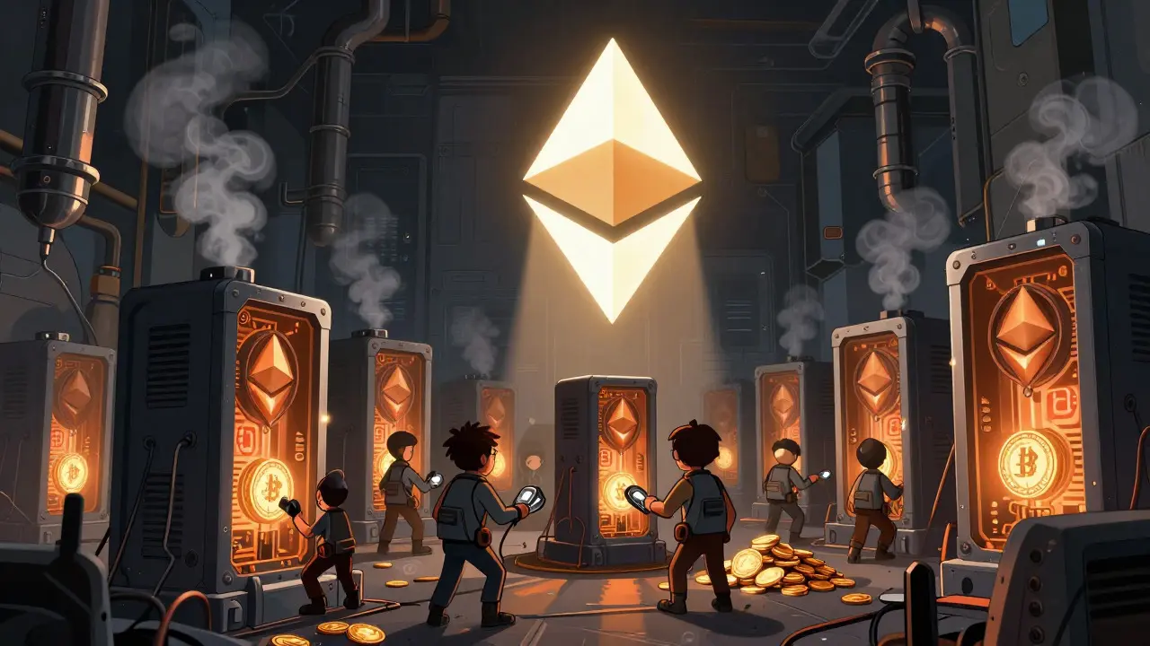 Industrial crypto mining rigs under a glowing ETC logo depicting Ethereum Classic reward cuts.