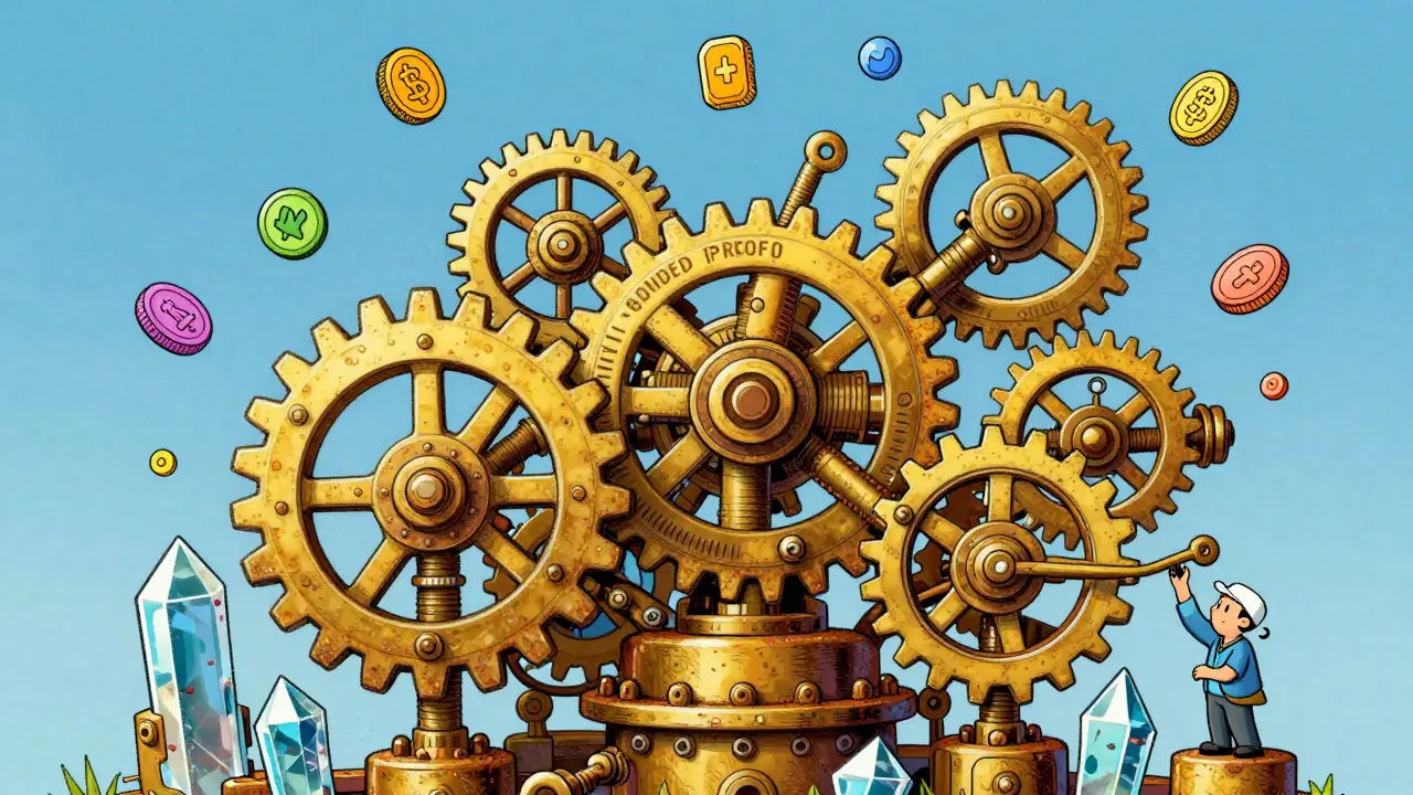 Intricate golden gear machine with floating tokens illustrating a staking consensus mechanism