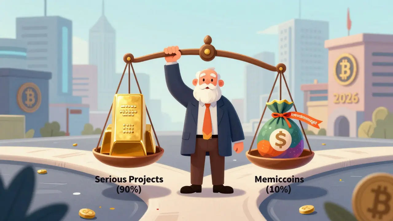 Investor balancing a portfolio with mostly serious projects and a small speculative portion.