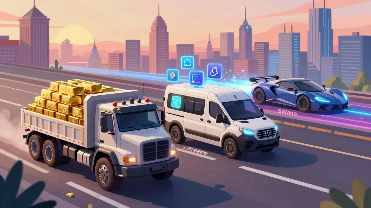 Metaphorical comparison of Bitcoin, Ethereum, and Solana as vehicles