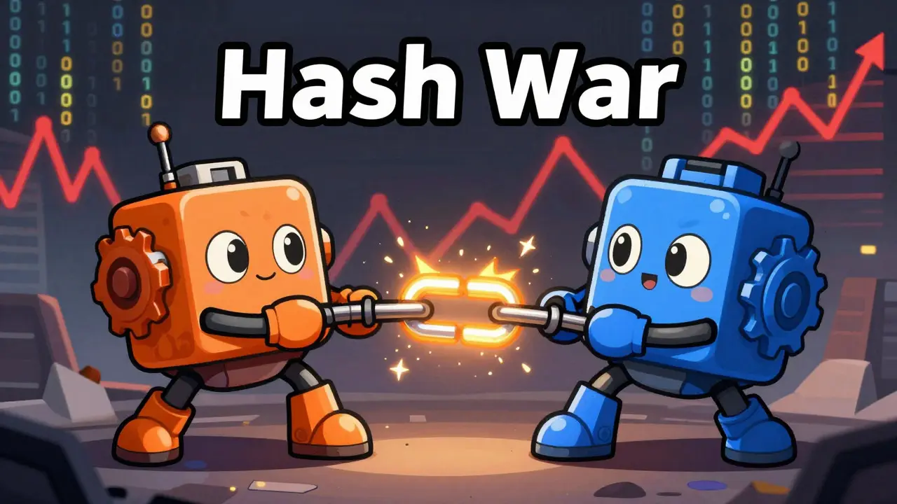 Robot miners in tug-of-war during Hash War